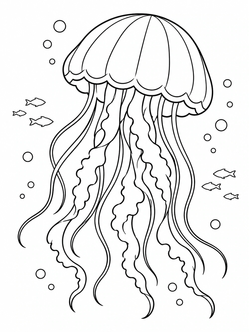 Black-and-white jellyfish coloring page with flowing tentacles, bubbles, and small fish outlines.
