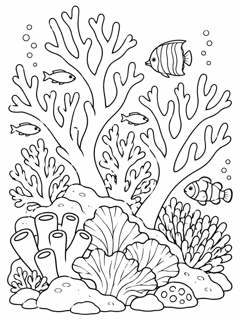 Black-and-white coral reef coloring page with branching corals and four small fish