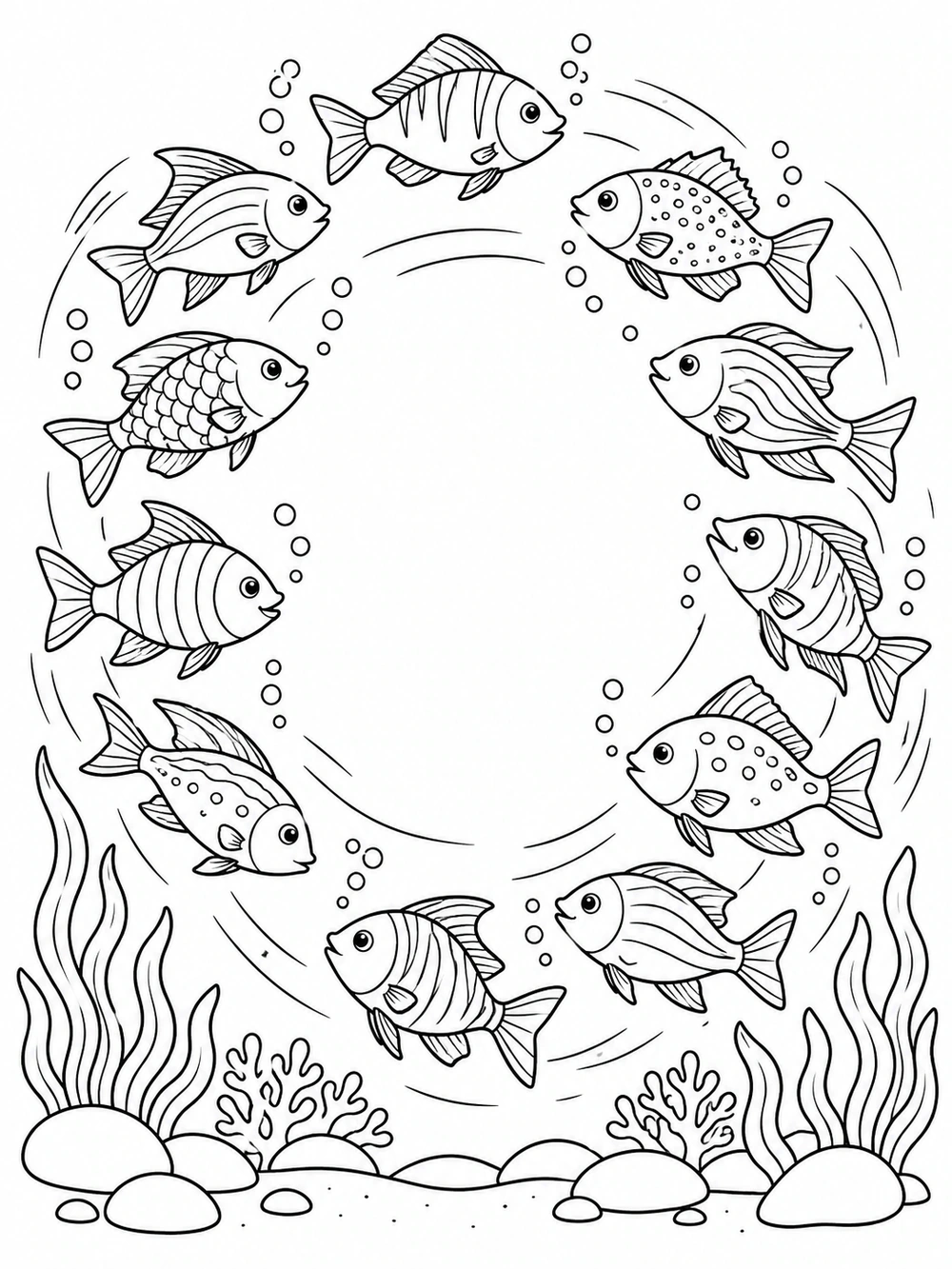 Black-and-white coloring page with fish swimming in a broad circle around open water, with bubbles, seaweed, and rocks below.