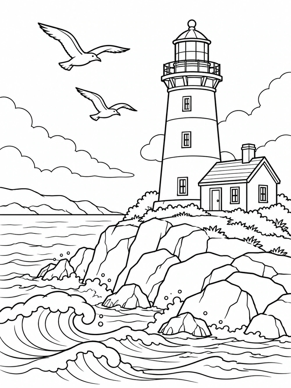 Black-and-white coastal lighthouse coloring page with an attached cottage, rocky headland, rolling waves, and two seabirds