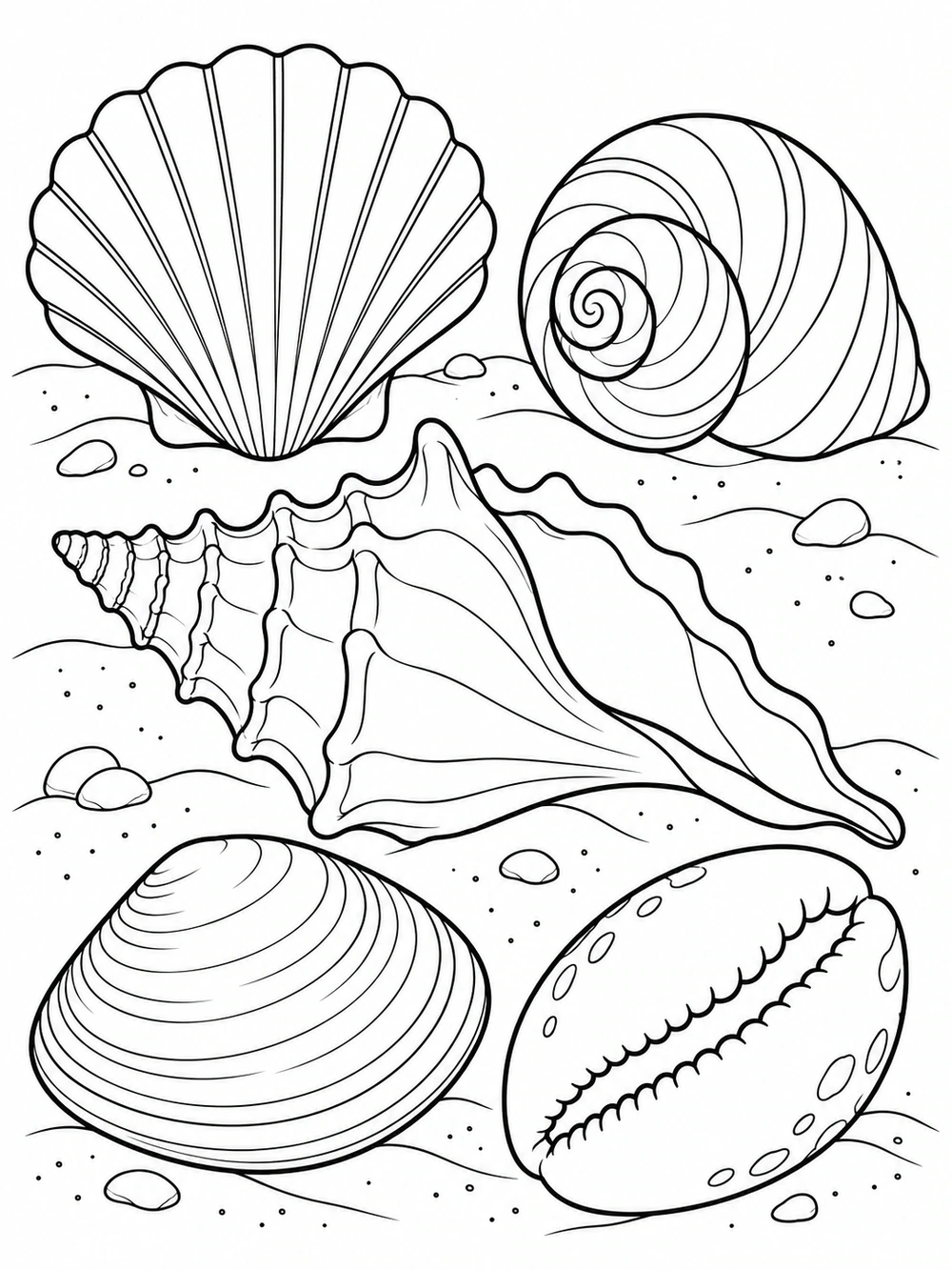 Black-and-white coloring page with a scallop, spiral shell, conch, clam, and cowrie arranged on a sandy beach.