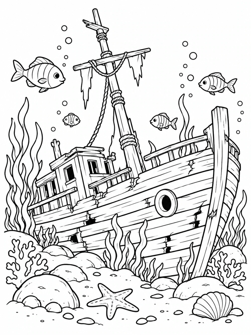 Black-and-white coloring page of a large wooden shipwreck resting among seaweed and coral, with four fish swimming nearby.