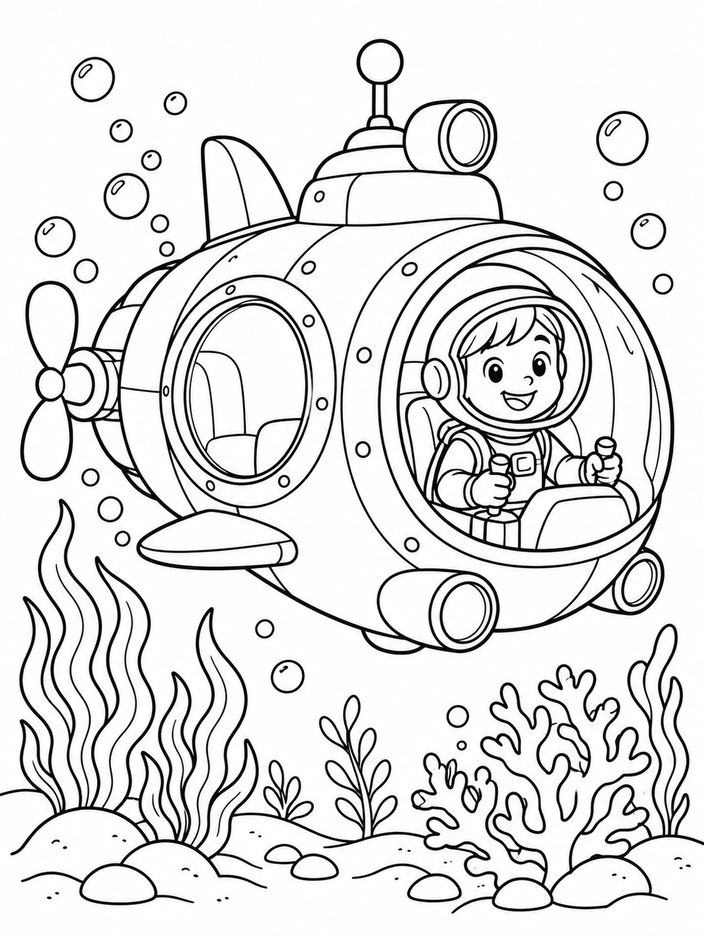 Black-and-white coloring page of a friendly submarine with a smiling explorer, portholes, sea plants, and bubbles.