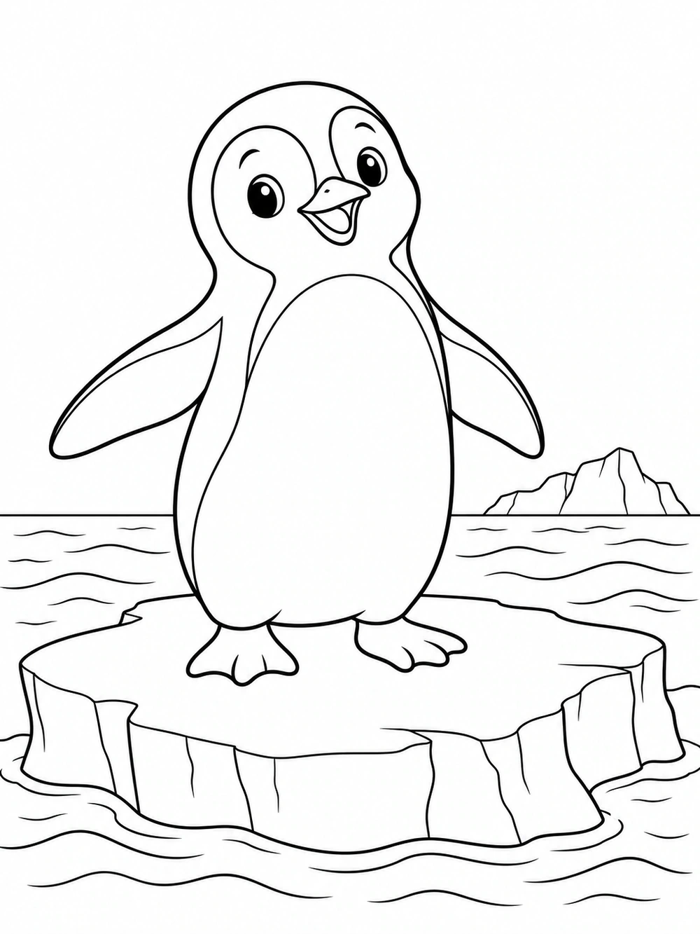 Black-and-white coloring page of a cheerful penguin standing on a floating iceberg in calm ocean water, with a distant iceberg.