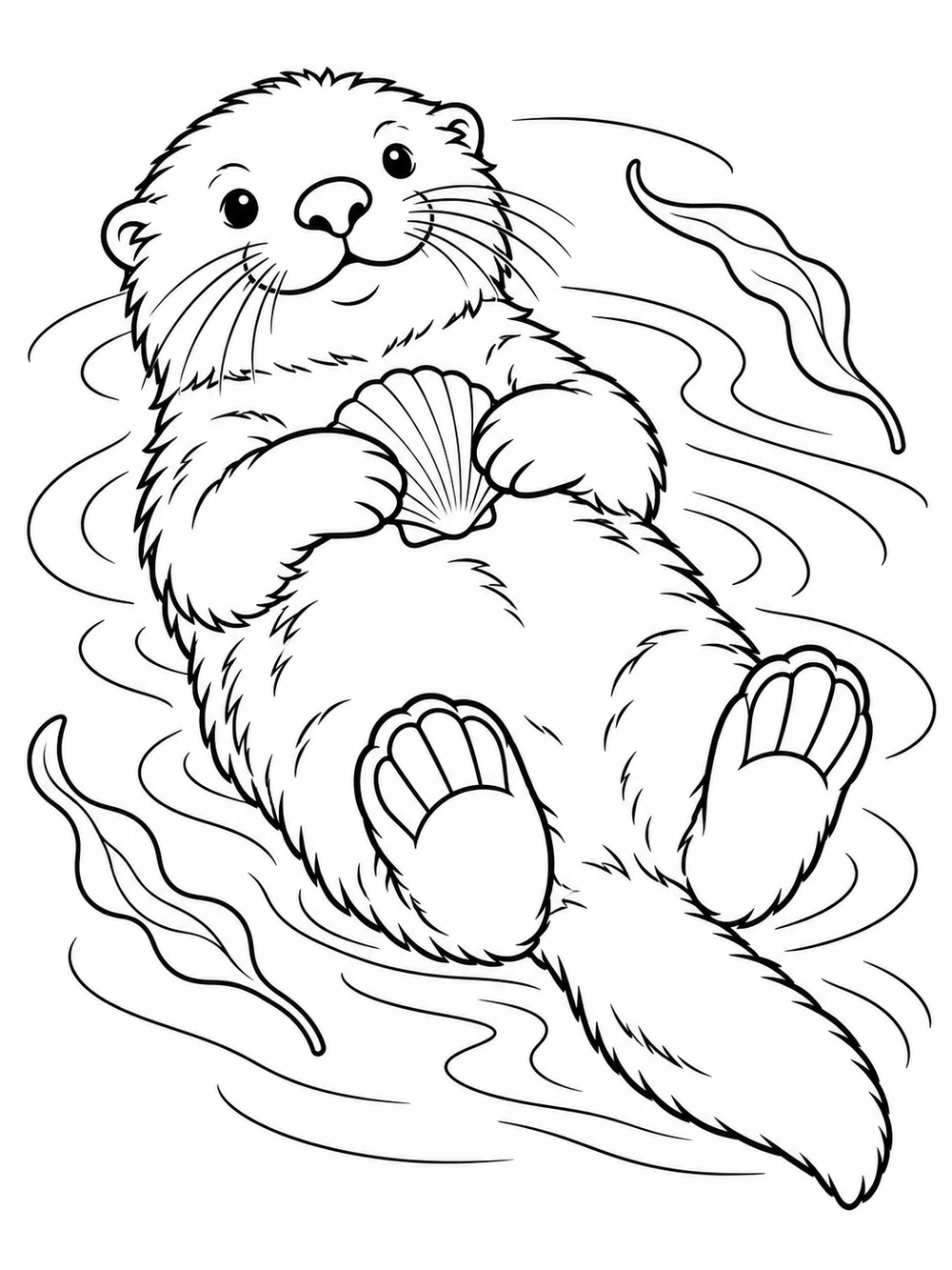 Sea otter floating on its back with a shell coloring page