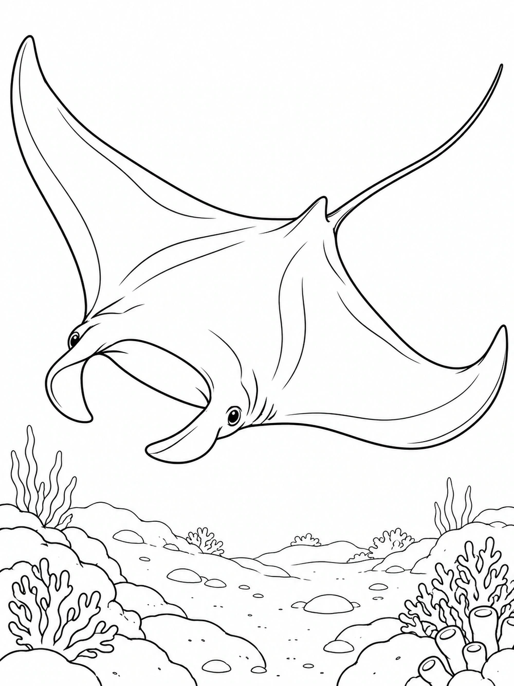 Black-and-white manta ray with broad wings and a long tail gliding above a patterned seabed coloring page
