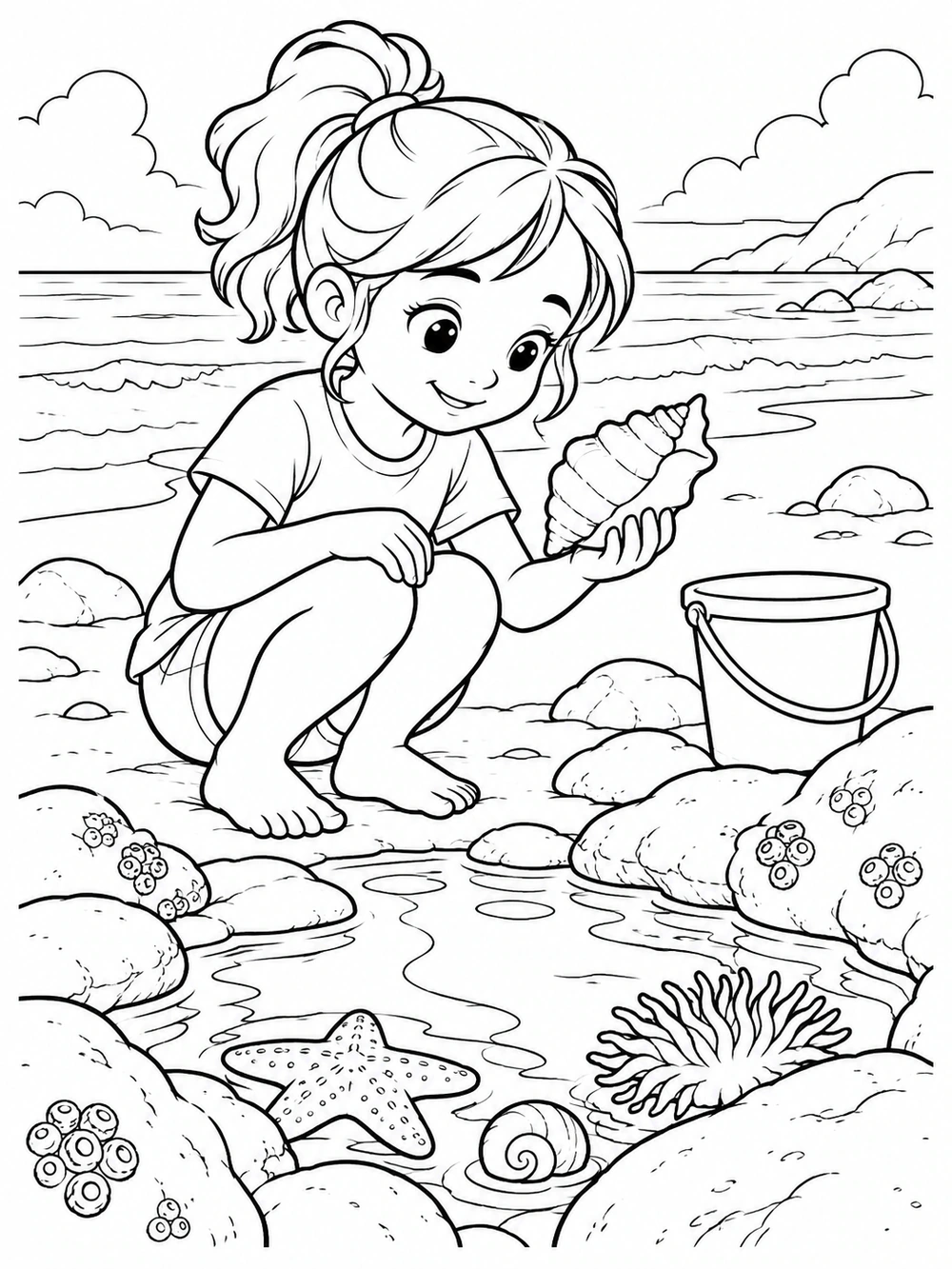 Black-and-white coloring page of a child holding a large seashell beside a tide pool, with a bucket, stones, starfish, and shoreline.