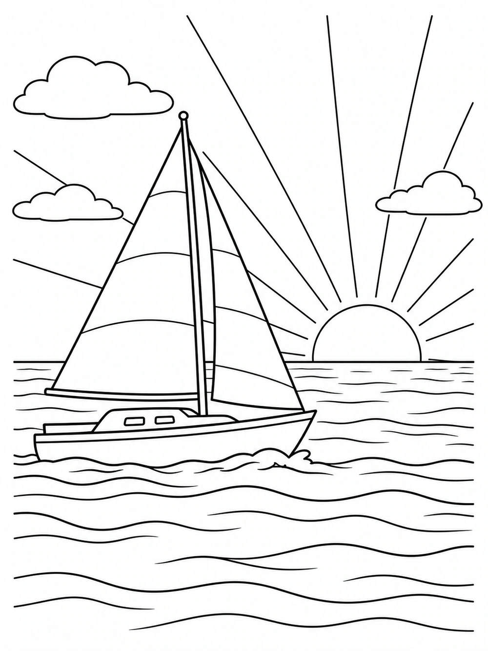 Sailboat crossing calm ocean at sunset coloring page