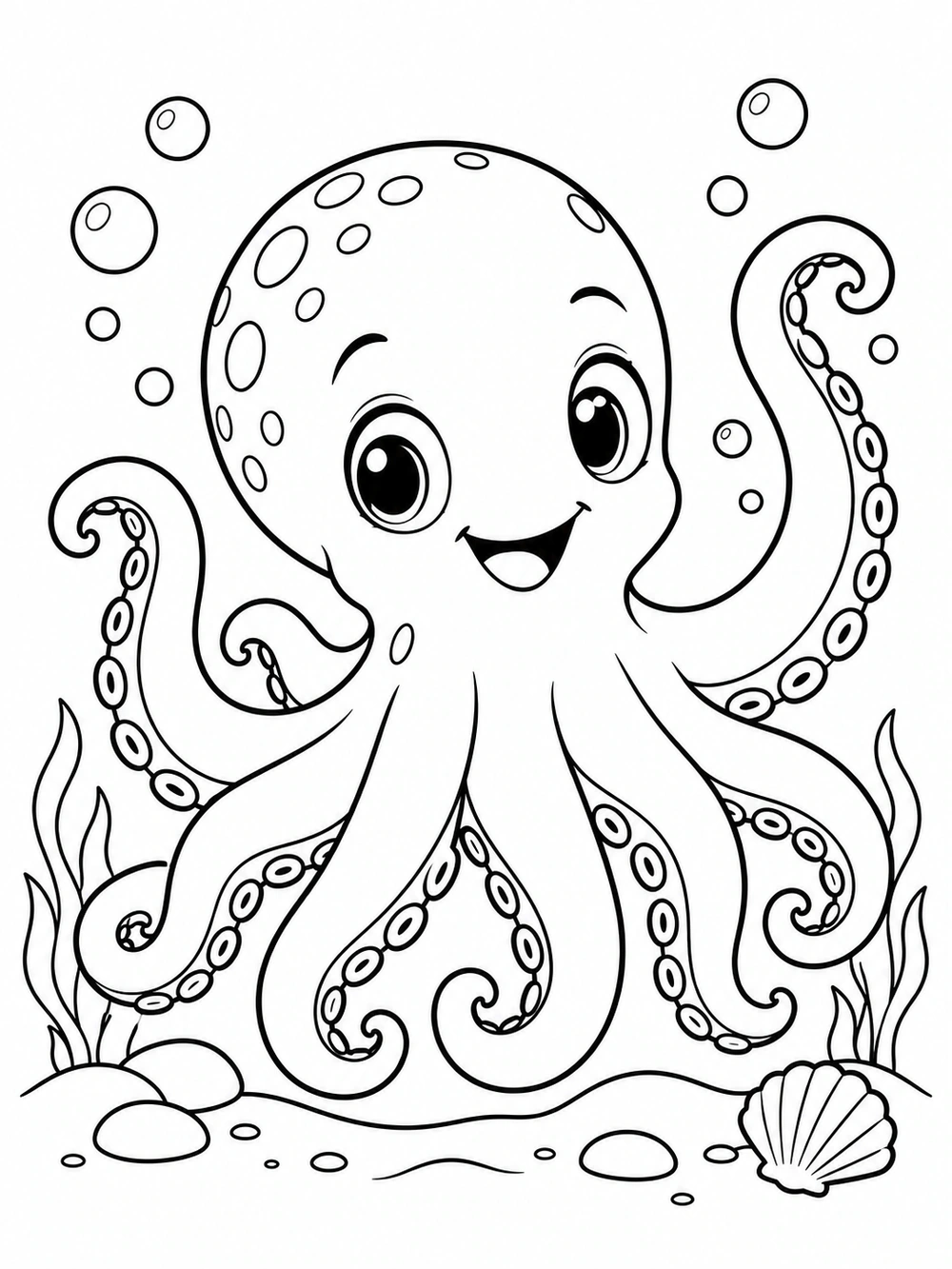 A smiling octopus with curled arms, bubbles, sea plants, and a shell.