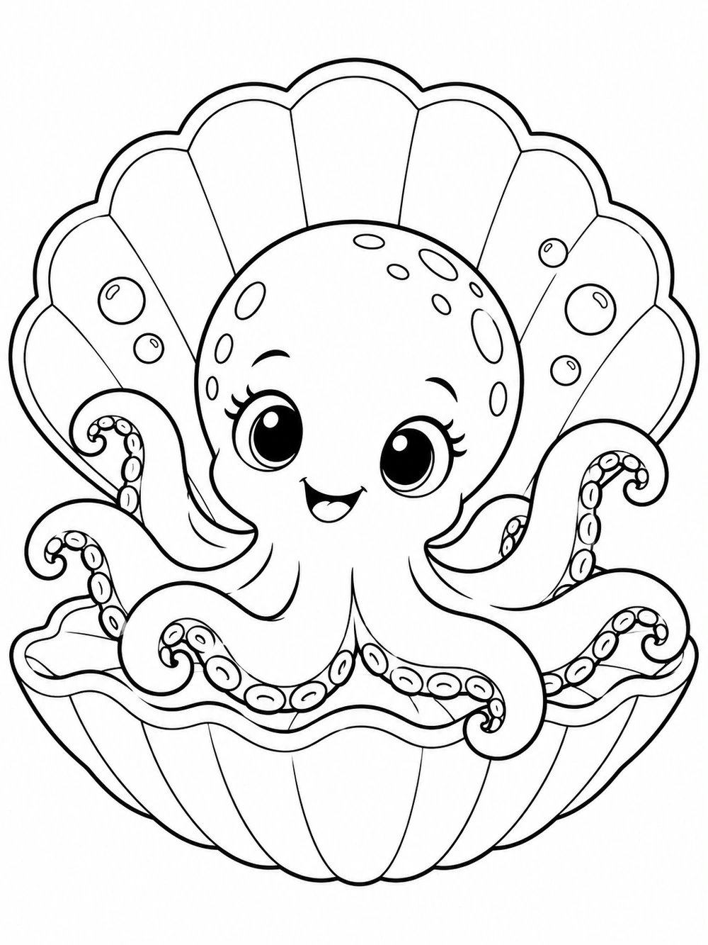 A cute baby octopus emerging from a large open seashell, surrounded by bubbles, in a black-and-white coloring page.