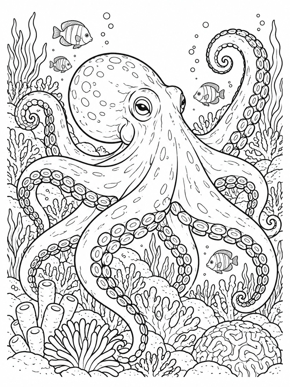 A large octopus with prominent suction cups surrounded by coral and small fish in a black-outline coloring page.