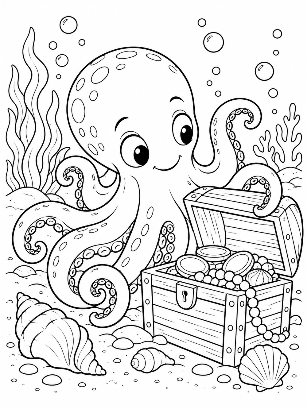 A smiling octopus beside an open treasure chest filled with coins and pearls, surrounded by shells, seaweed, and bubbles.