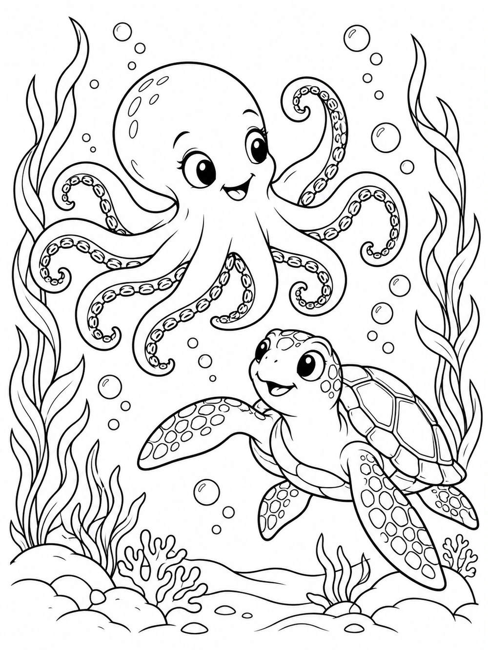 A large smiling octopus with curling suction-cup tentacles swims above a smiling sea turtle, surrounded by kelp fronds, bubbles, and a simple seafloor, in black-and-white coloring-page line art.