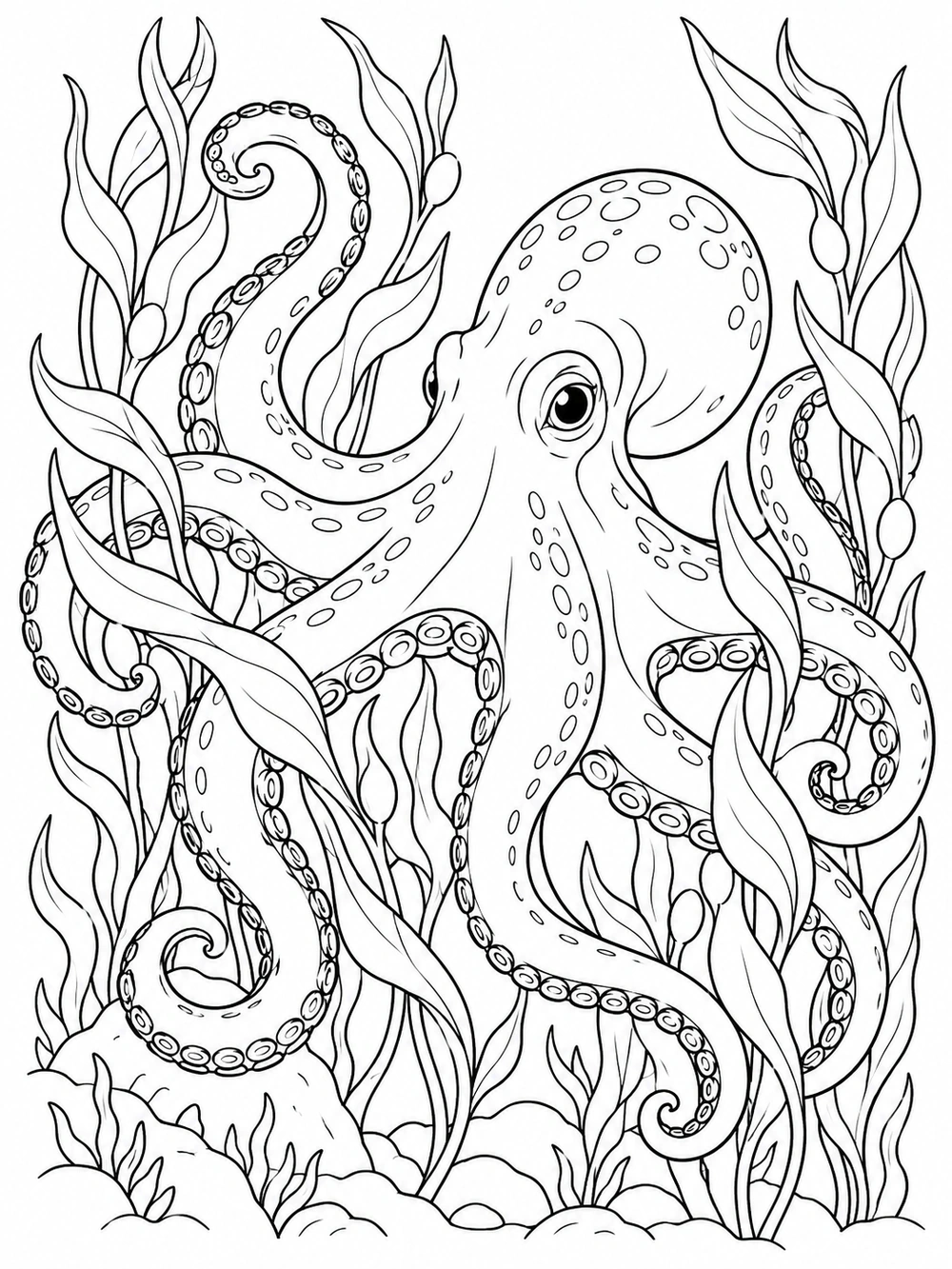 Black-and-white coloring page showing a large octopus with curling, sucker-lined arms among tall kelp fronds and rocks.