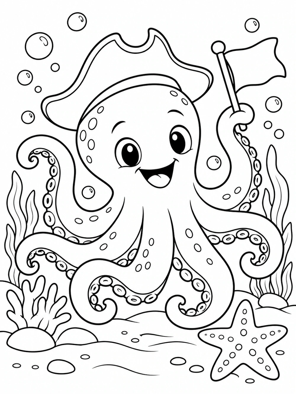 A smiling octopus in a pirate hat holds a blank flag above a starfish, surrounded by bubbles and sea plants.