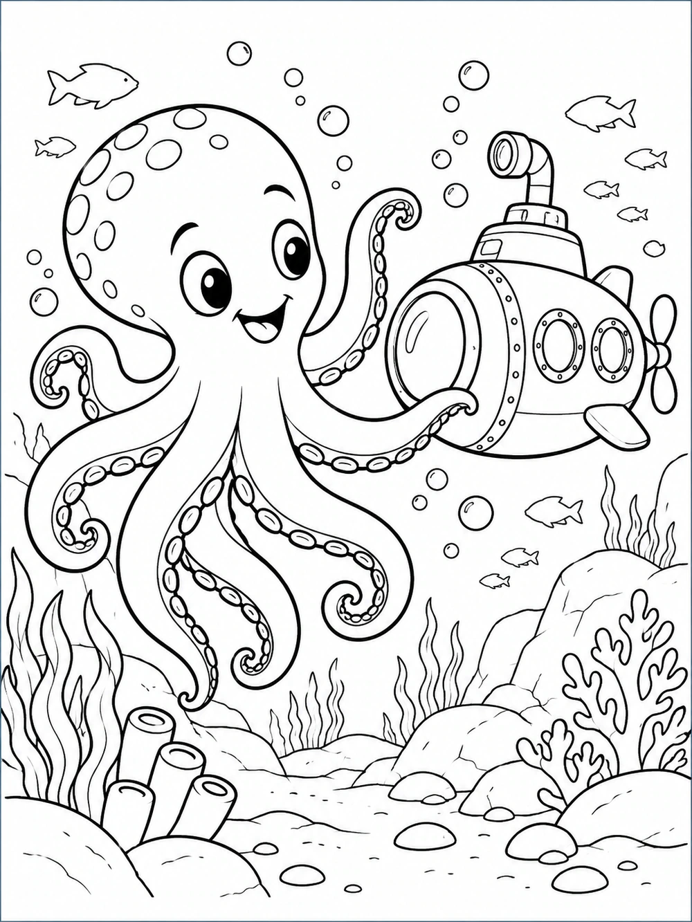 A friendly octopus reaching toward a rounded, porthole-covered submarine among bubbles, fish, and sea plants.