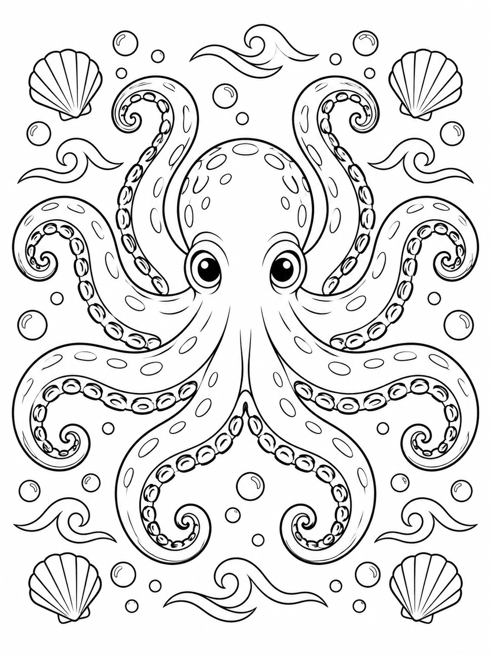 Black-outline coloring page of a wide-eyed octopus with eight curling, patterned arms, surrounded by shells, bubbles, and wave motifs.