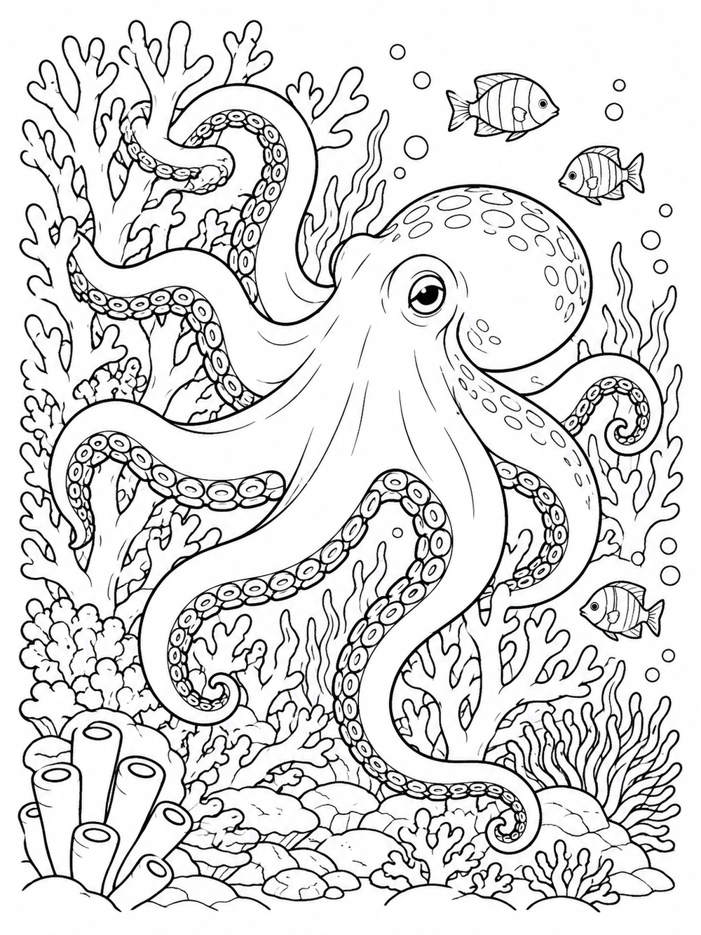 A large octopus weaving its curled arms through branching coral, with three small fish nearby.