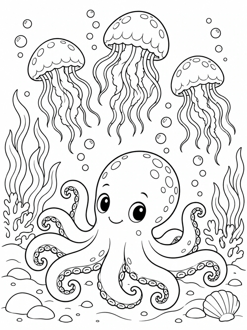 A smiling octopus among three jellyfish, bubbles, seaweed, and shells, drawn as a black-and-white coloring page.