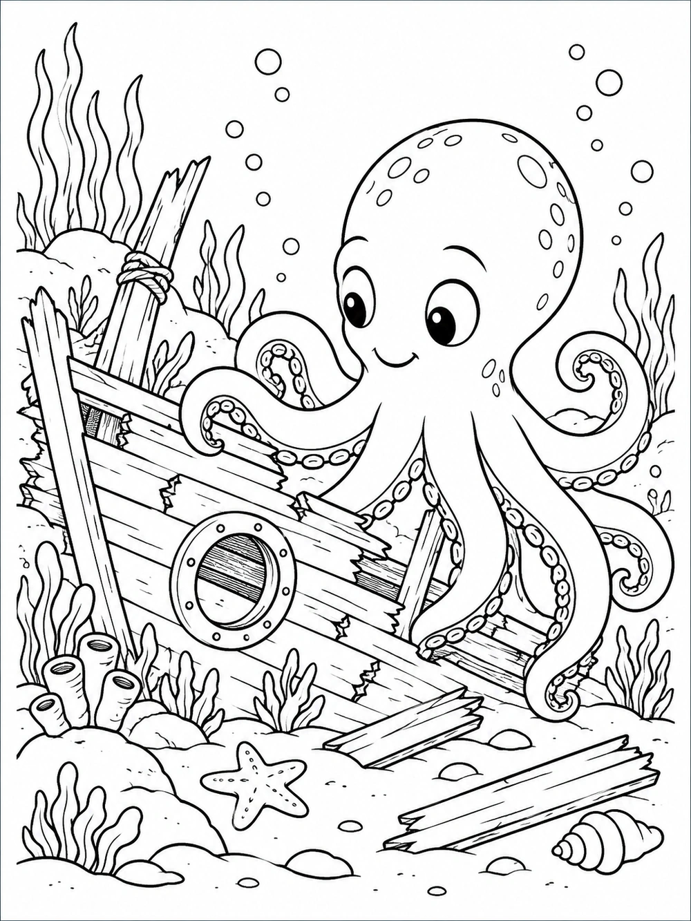 A cheerful octopus investigates a wooden shipwreck with a porthole, broken planks, sea plants, bubbles, and a starfish.