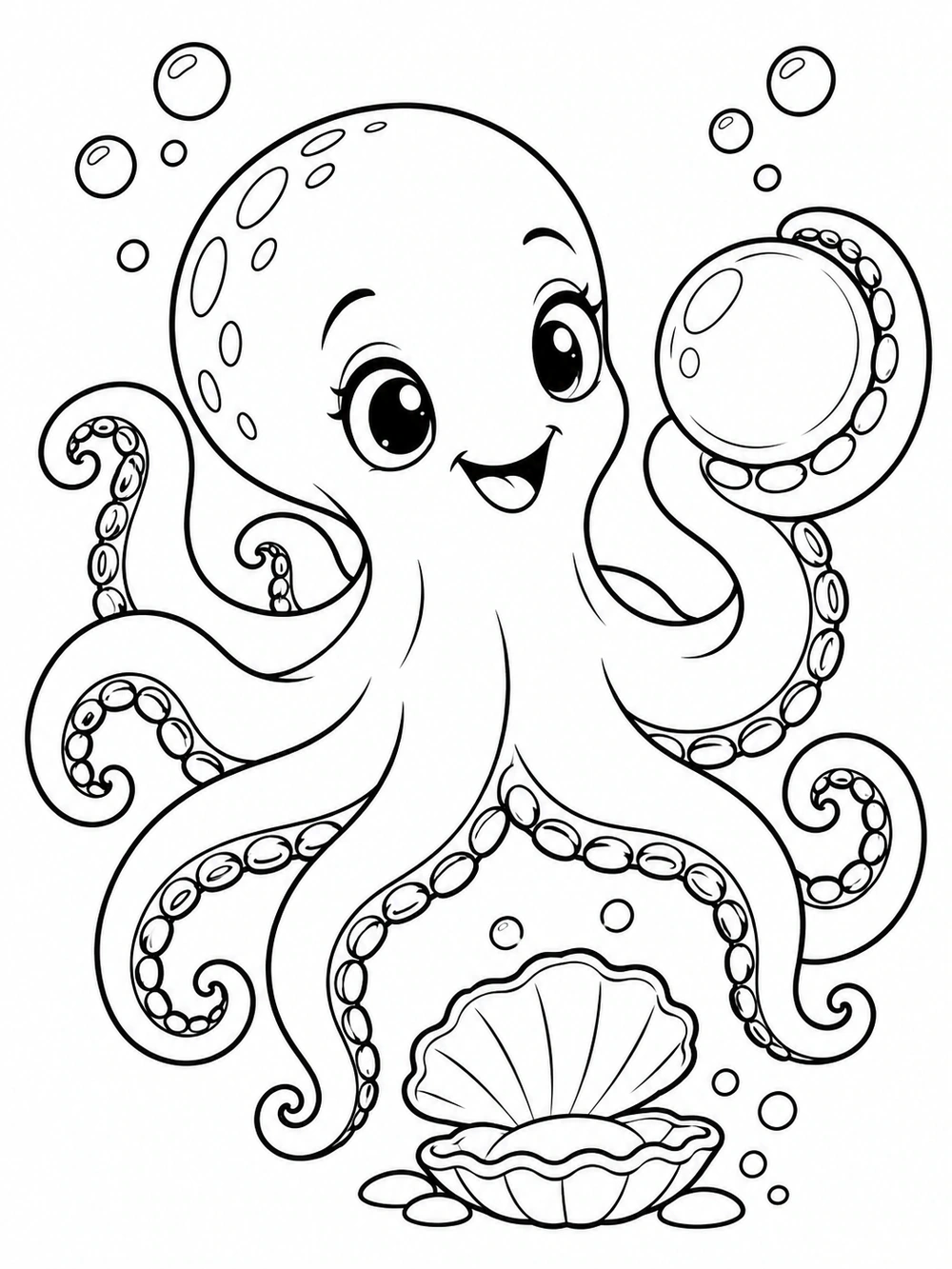 A smiling octopus holds a large pearl in a curled arm above an open clam shell, surrounded by bubbles.