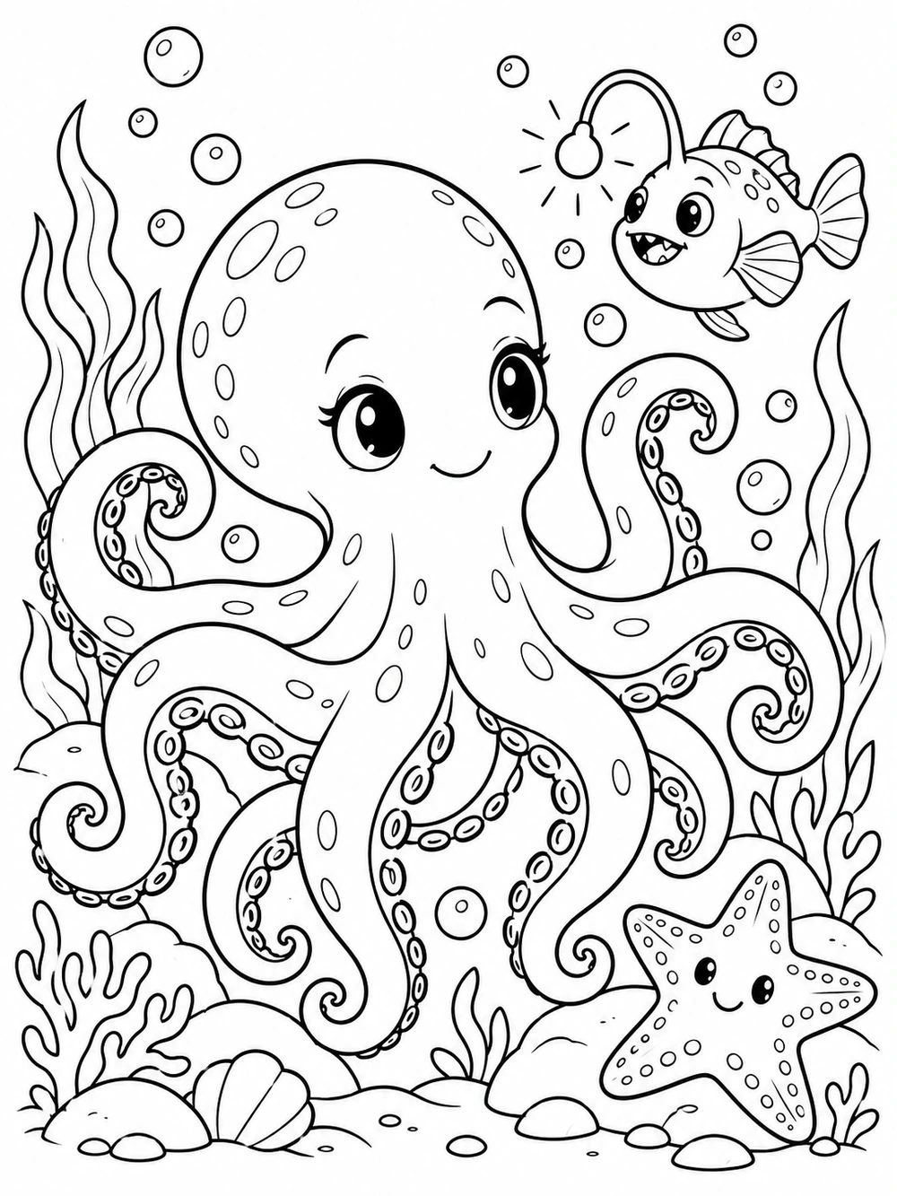 A smiling octopus surrounded by an anglerfish, sea star, bubbles, and sea plants, drawn in black outlines on white.