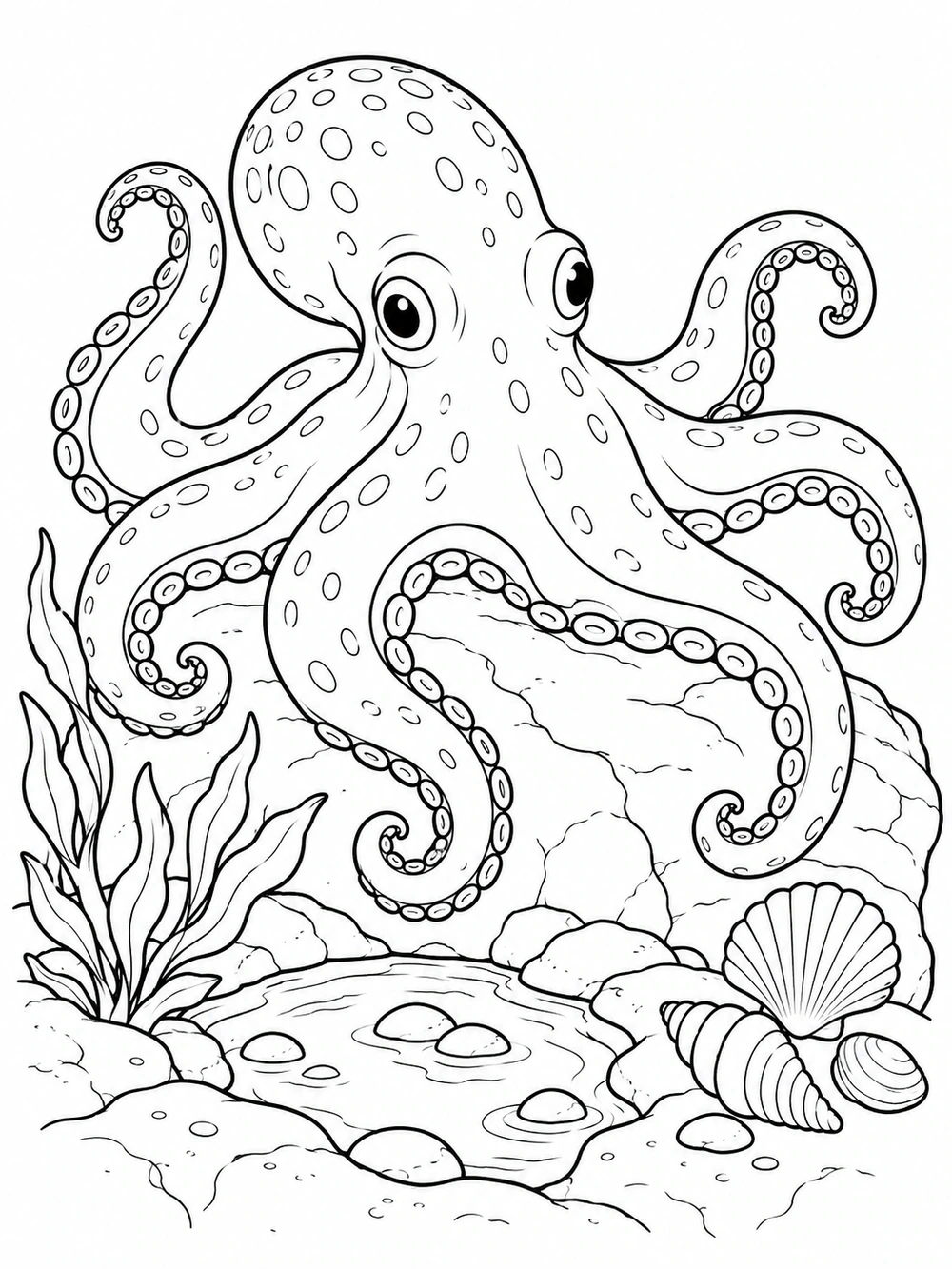 A large, wide-eyed octopus with curling, clearly outlined arms rests across a rocky shore above a small tide pool, with shells and seaweed nearby.