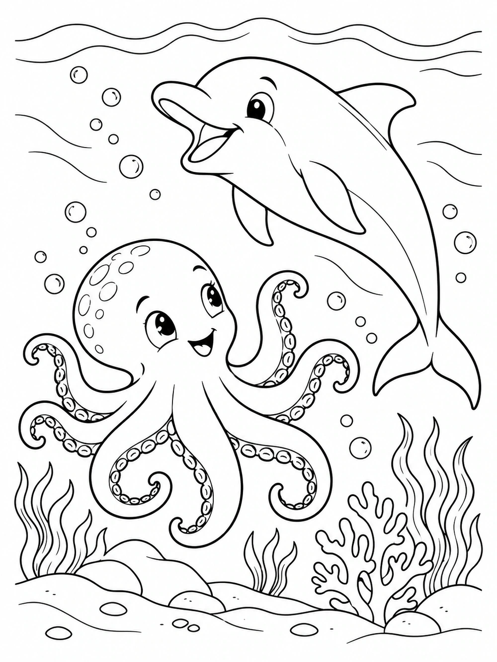 A smiling octopus with curled tentacles swims below a leaping dolphin, surrounded by bubbles, waves, and sea plants.