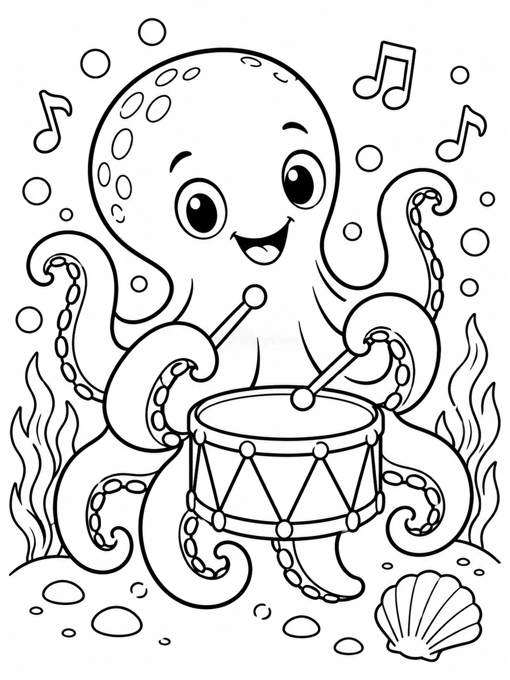 A smiling octopus playing a round drum with two drumsticks, surrounded by bubbles, musical notes, and a shell.