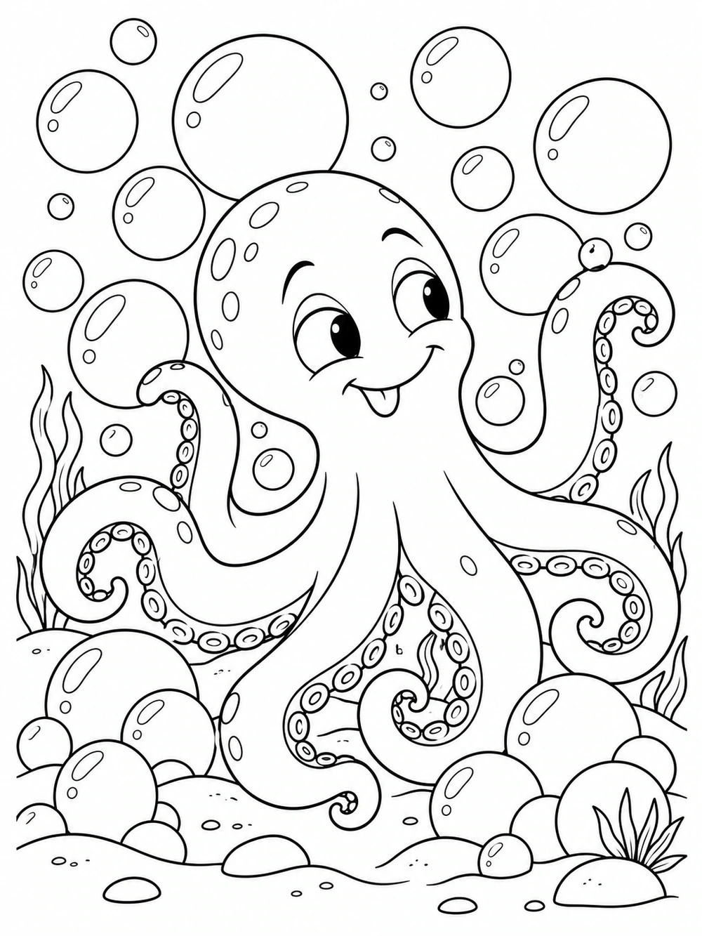 A playful octopus with curling, suction-cup-lined arms surrounded by large bubbles and seafloor details