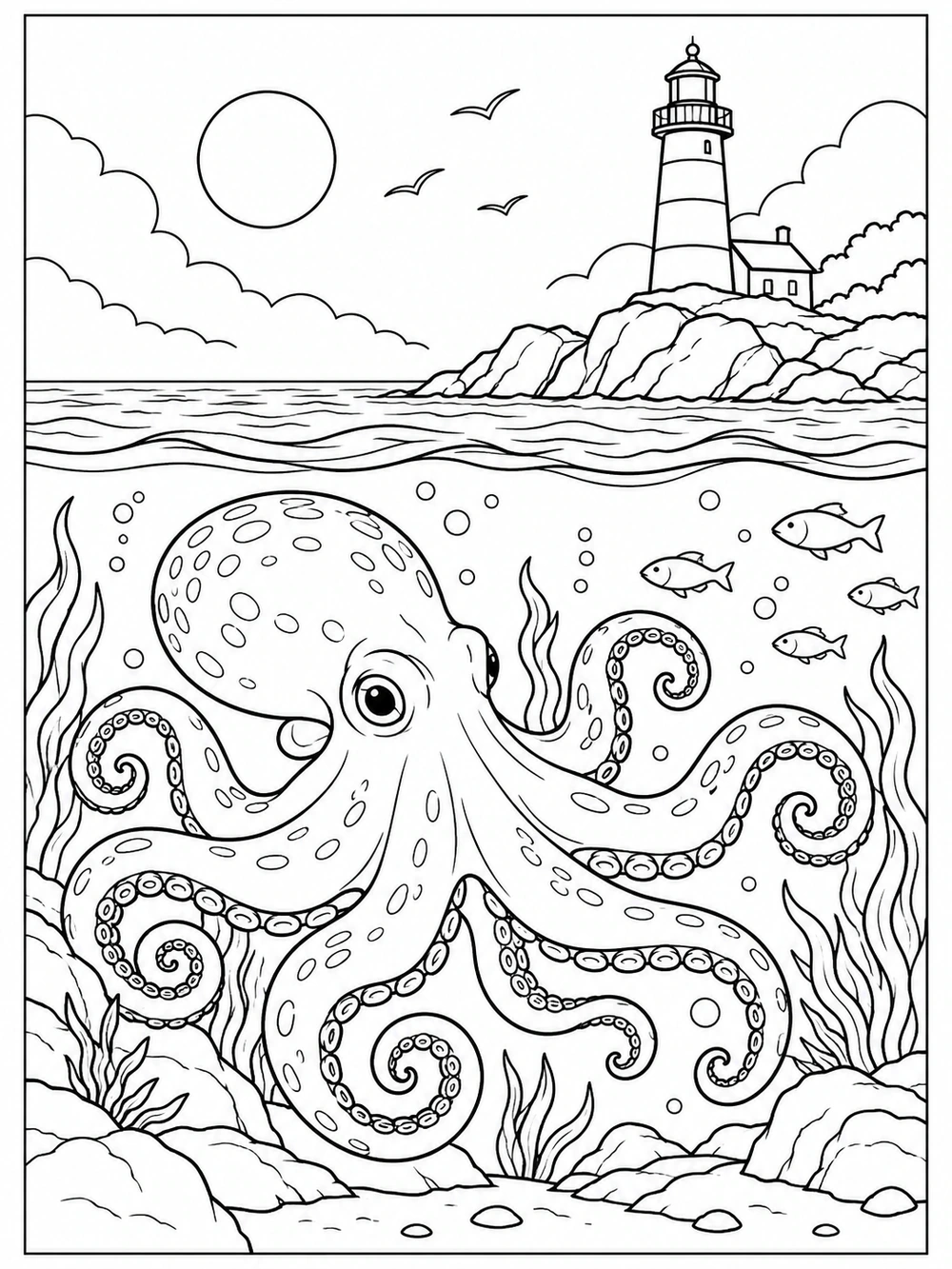 Black-and-white coloring page showing a large octopus underwater beneath a clear wavy waterline, with fish, sea plants, and a lighthouse on a rocky shore above.