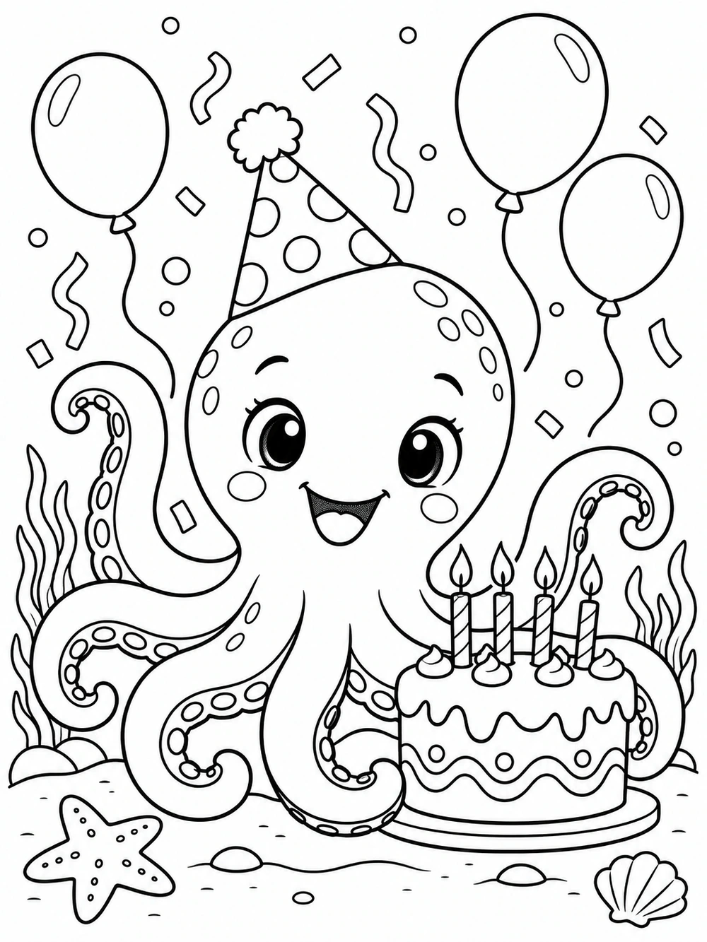 Smiling octopus wearing a party hat beside a birthday cake with four candles, three balloons, and confetti.