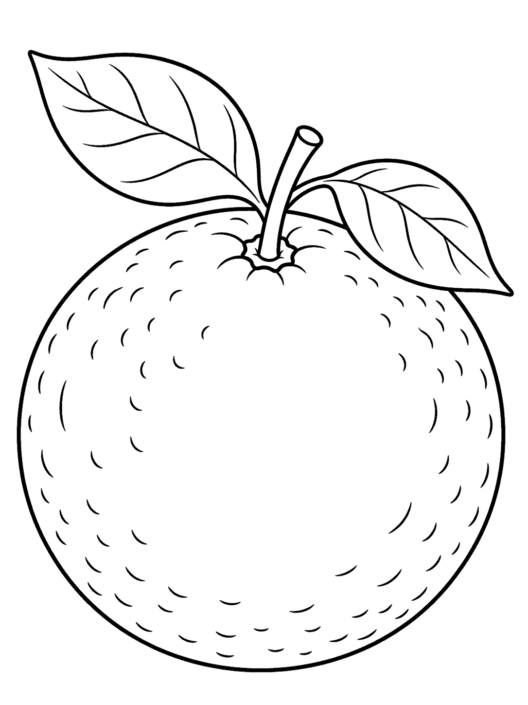 Black outline drawing of a whole orange with a stem and two leaves