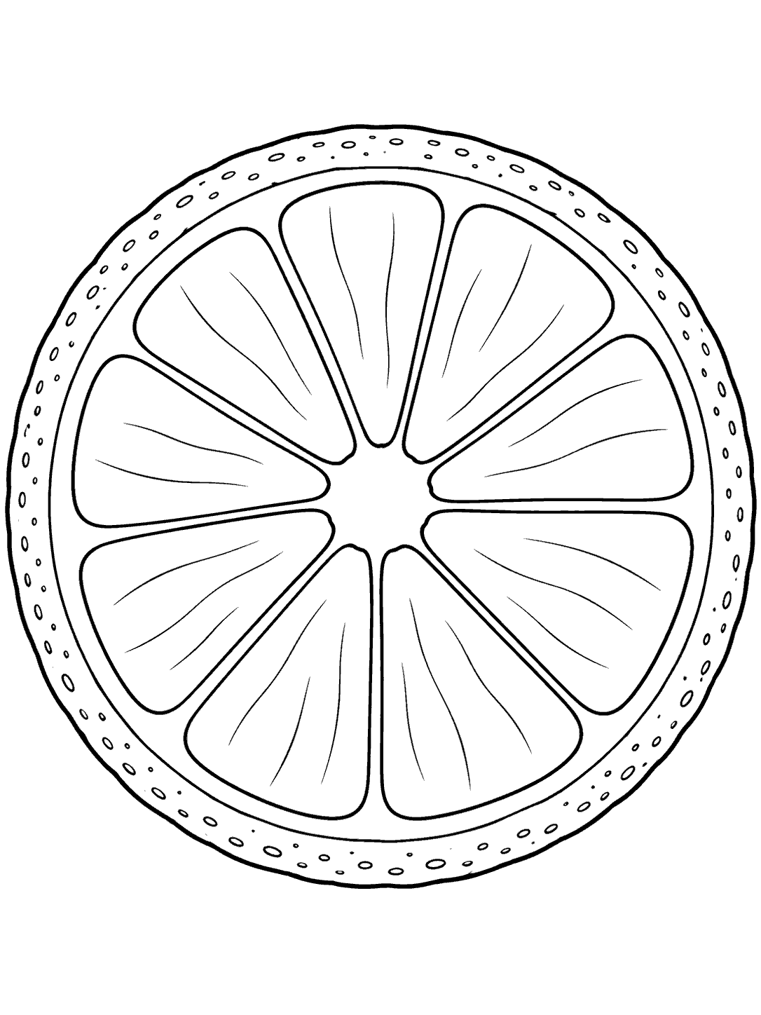 Black outline drawing of a round orange cross-section with enclosed segments and a textured rind.