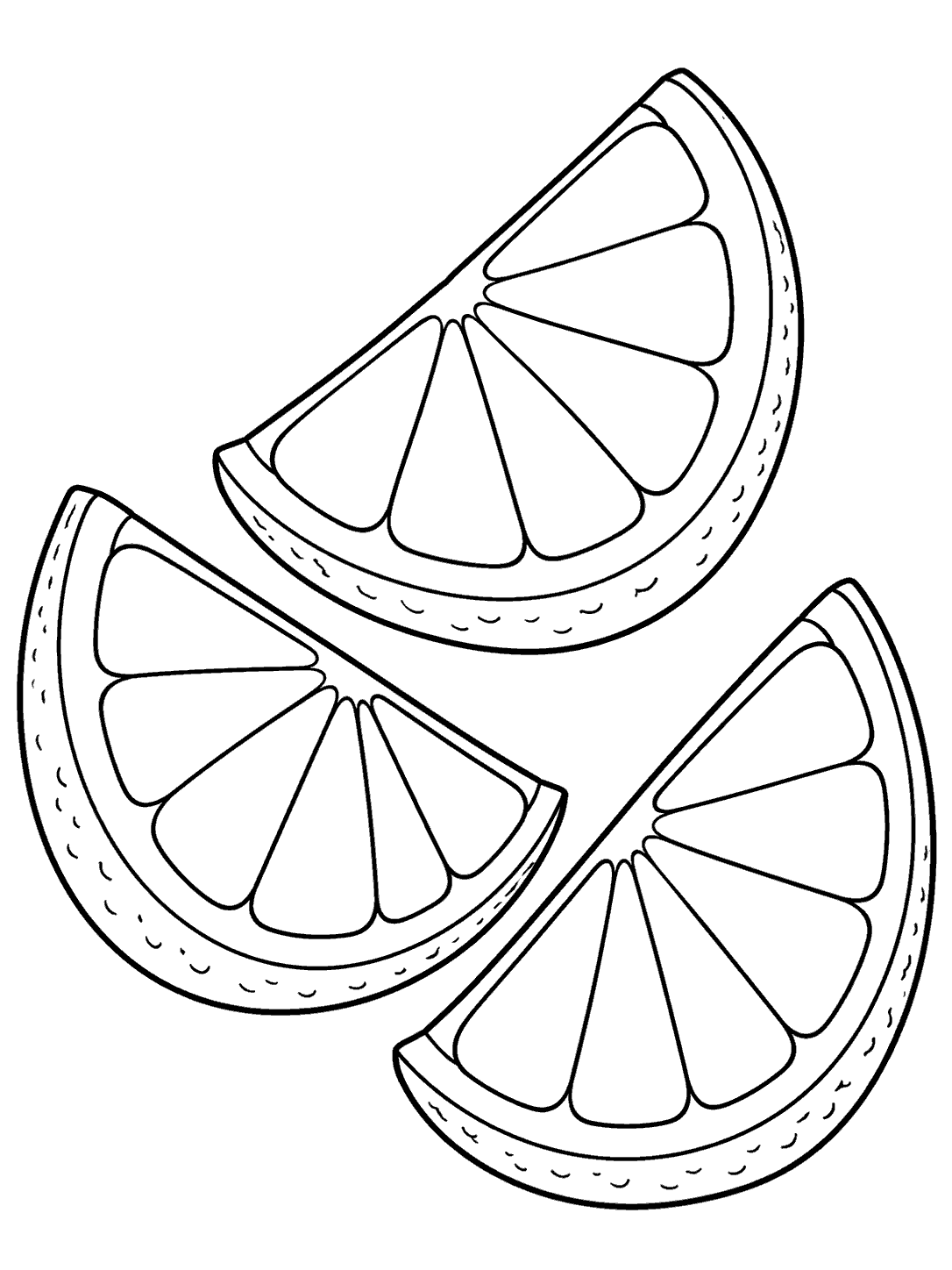 Black outline drawing of three orange wedges arranged in a fan, with open pulp sections for coloring.