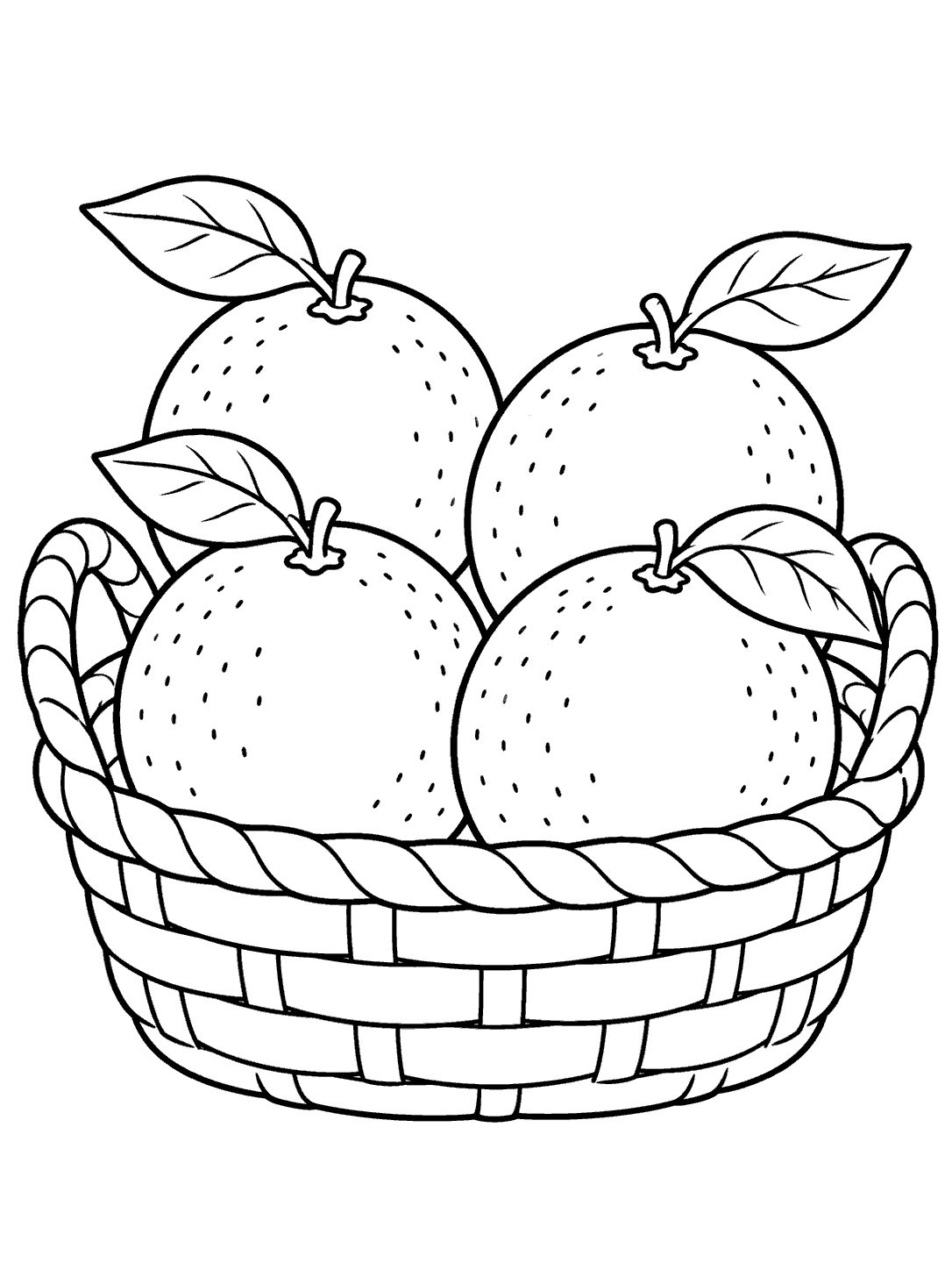 Black outline drawing of four whole oranges with leaves in a handled woven basket.