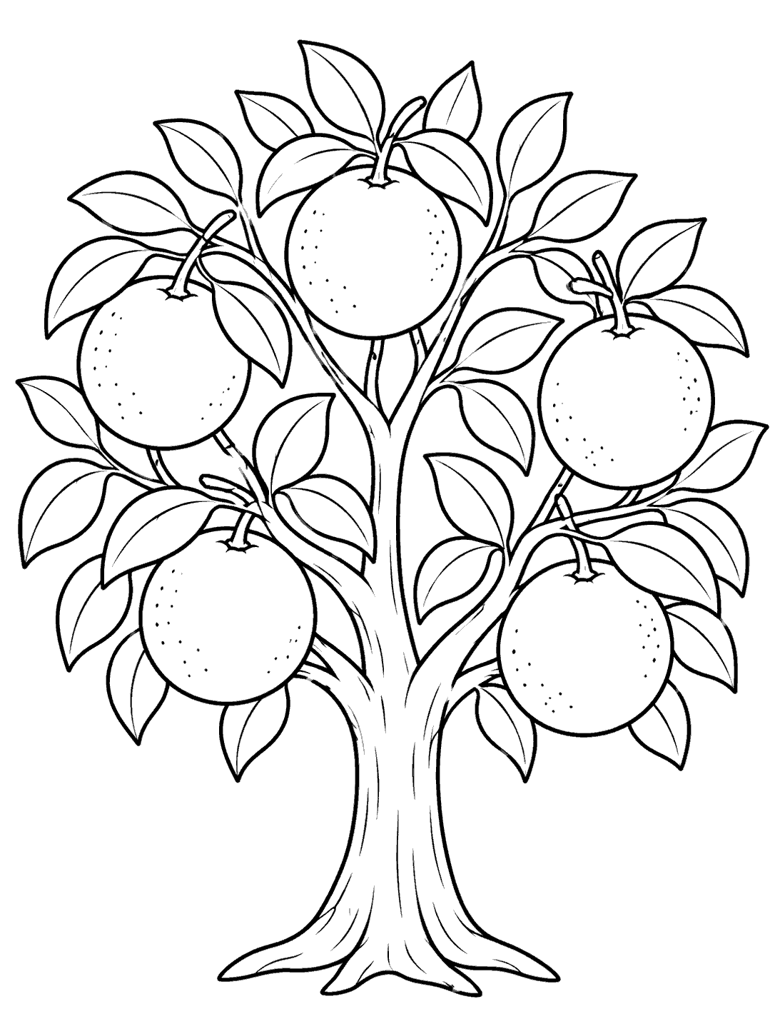 Black outline drawing of a sturdy orange tree with five oranges and a leafy canopy on white.