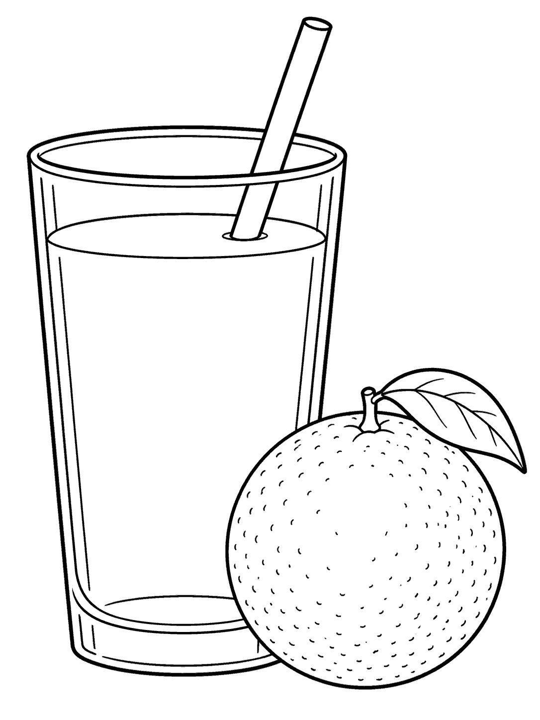 Black outline coloring page of a tall juice glass with a straw beside a whole orange with a leaf.