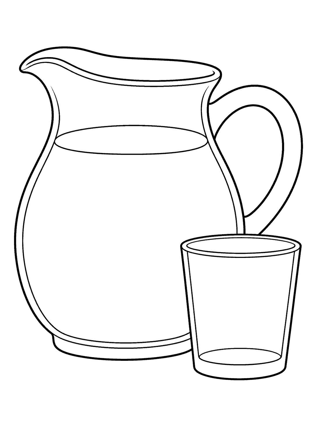 Black outline drawing of a large handled juice pitcher beside a small empty tumbler, on a white page.
