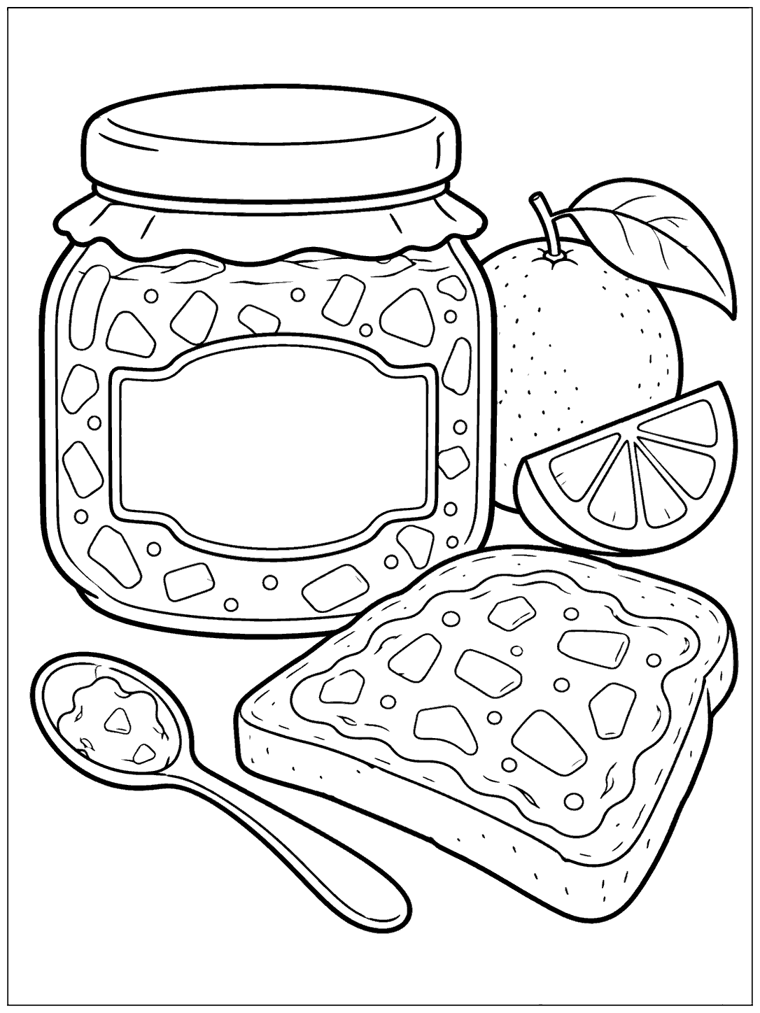 Black-outline coloring page showing a squat marmalade jar with a blank label, a slice of toast, spoon, and citrus fruit, inside a white border.