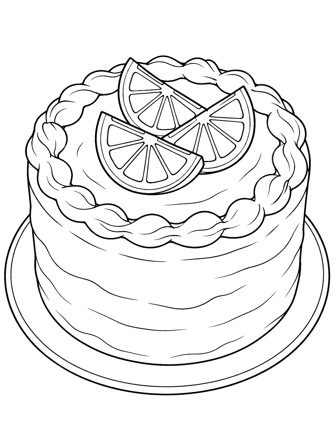 Black outline drawing of a frosted round cake with orange slices on top, on a plain plate.