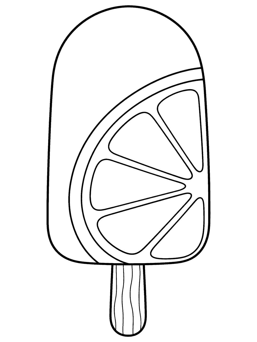 Black outline drawing of a rounded orange popsicle with citrus segments and a wooden stick.