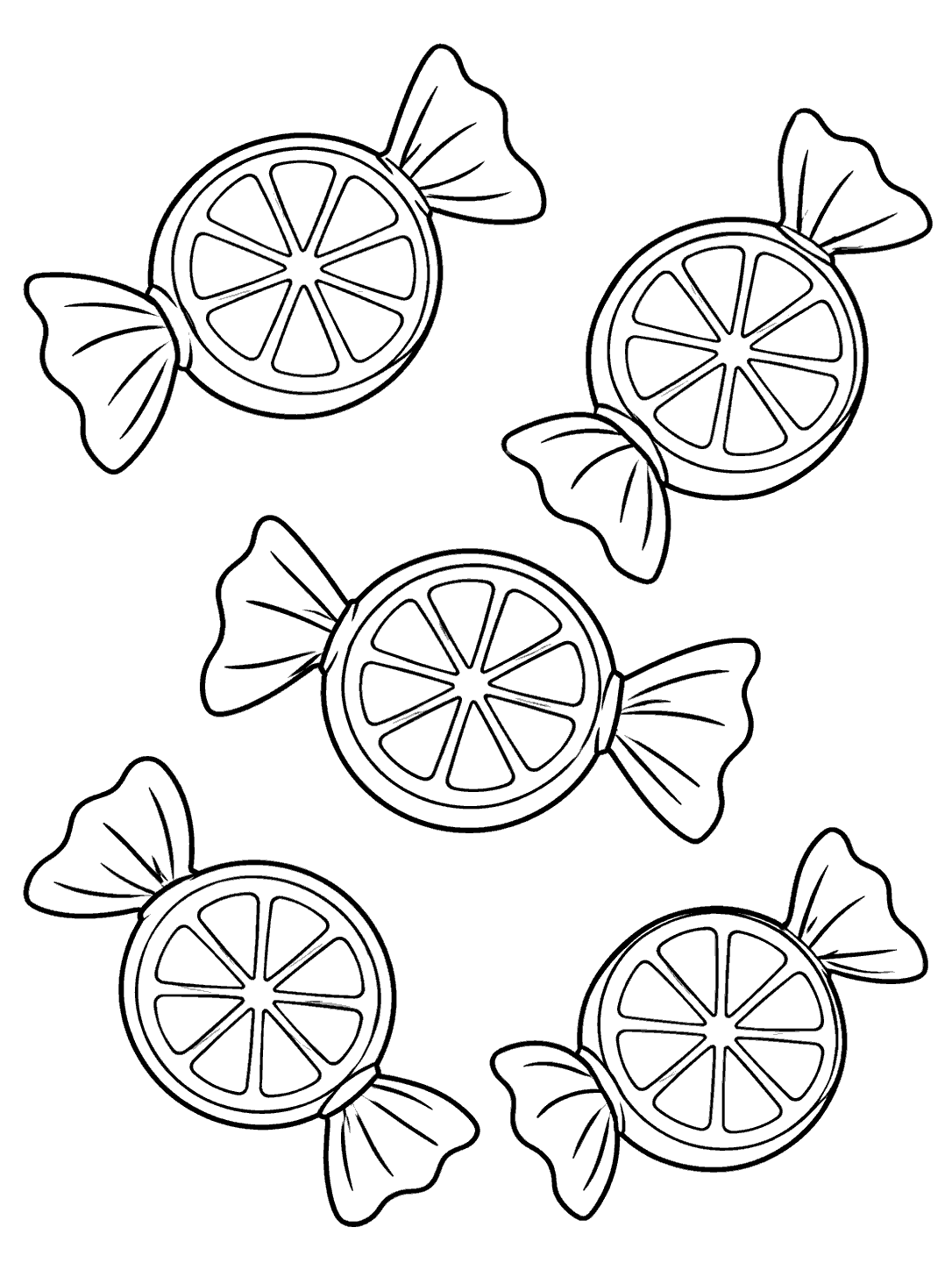 Black outline drawing of five individually wrapped round candies, each with an orange slice center.