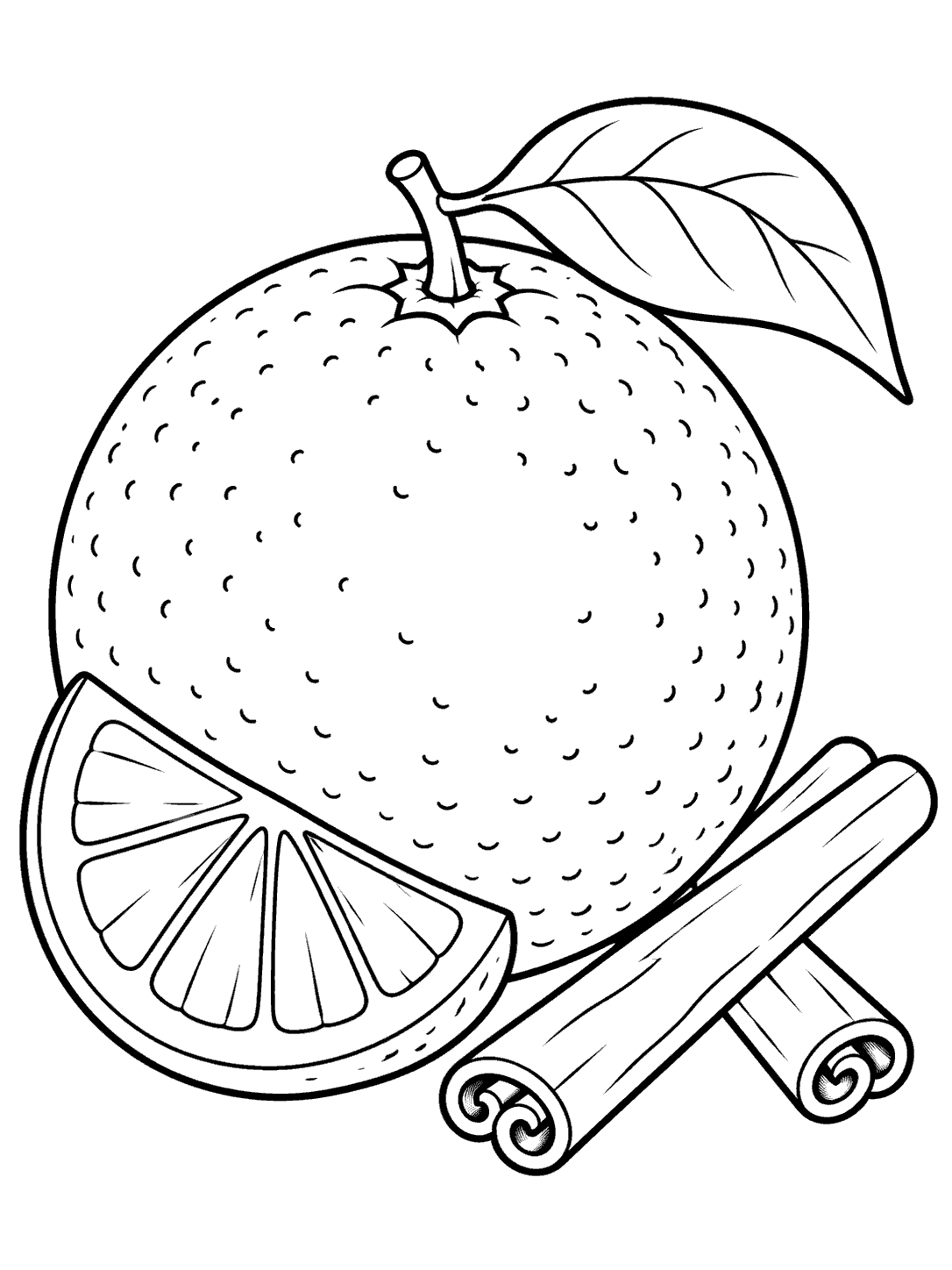 Black outline coloring illustration of a large whole orange with one leaf, an orange wedge, and two crossed cinnamon sticks on a white page.