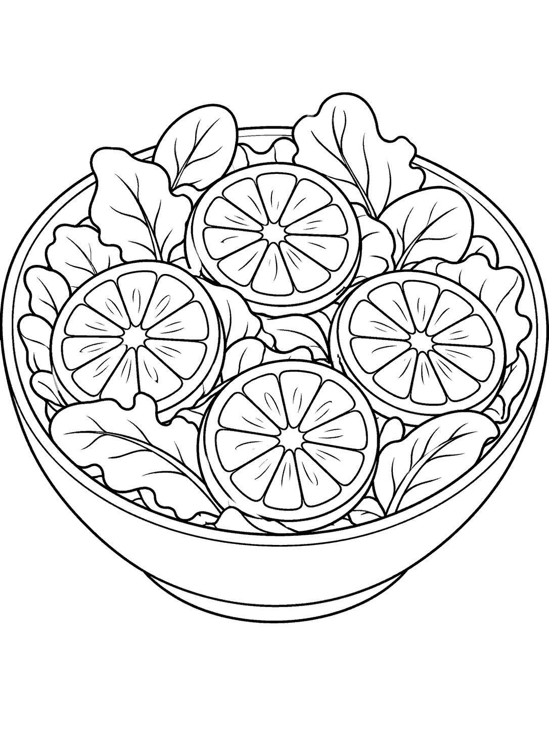 Black outline drawing of four orange slices over leafy greens in a shallow bowl.