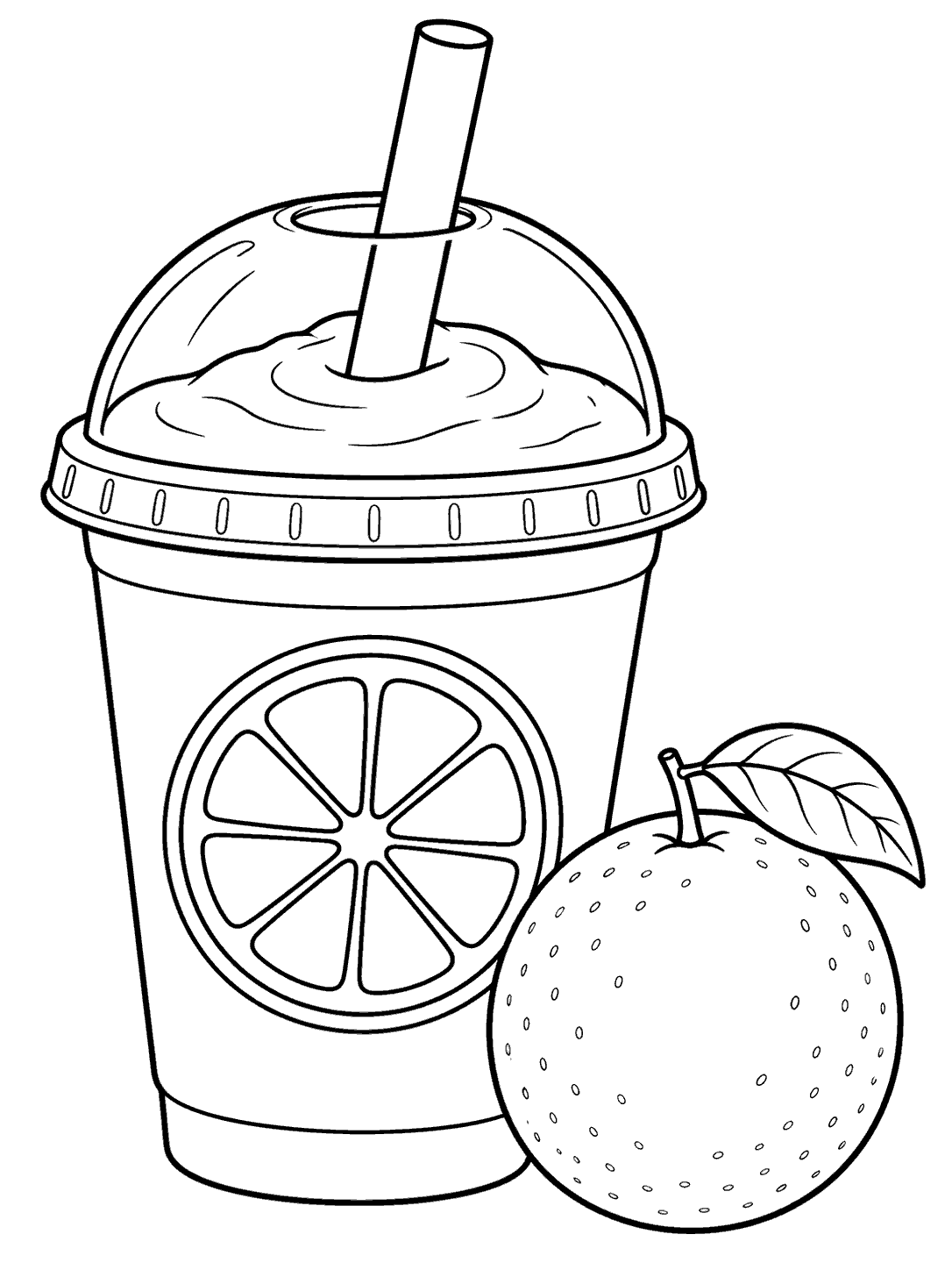 Black outline drawing of a domed smoothie cup with a wide straw and orange-slice emblem, next to a whole orange with a leaf.