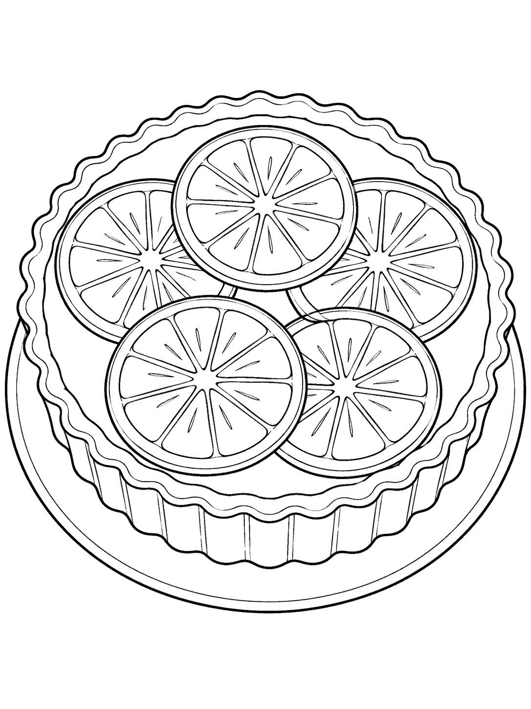 Black outline coloring page of a fluted tart topped with five overlapping orange slices on a serving plate.
