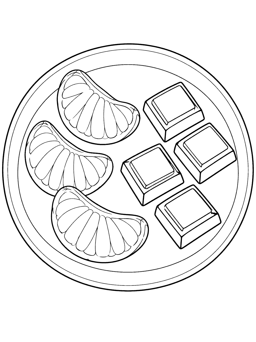 Black outline drawing of three orange segments and four chocolate squares arranged on a round plate.