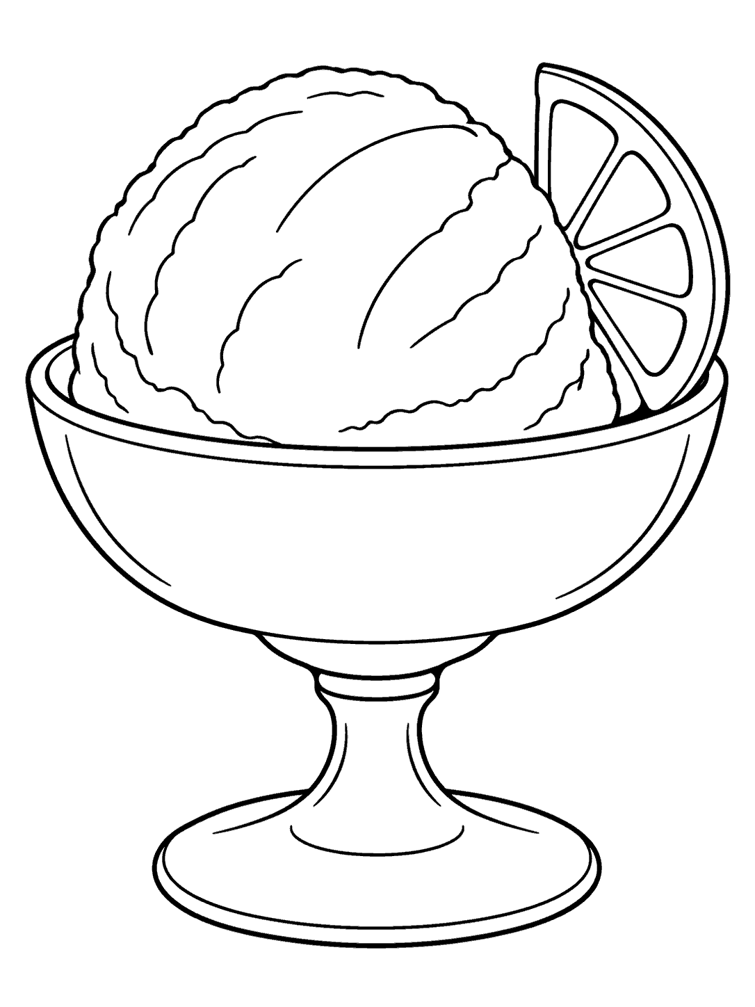 Black outline drawing of a large sherbet scoop in a stemmed dessert cup, with an orange wedge on the rim.