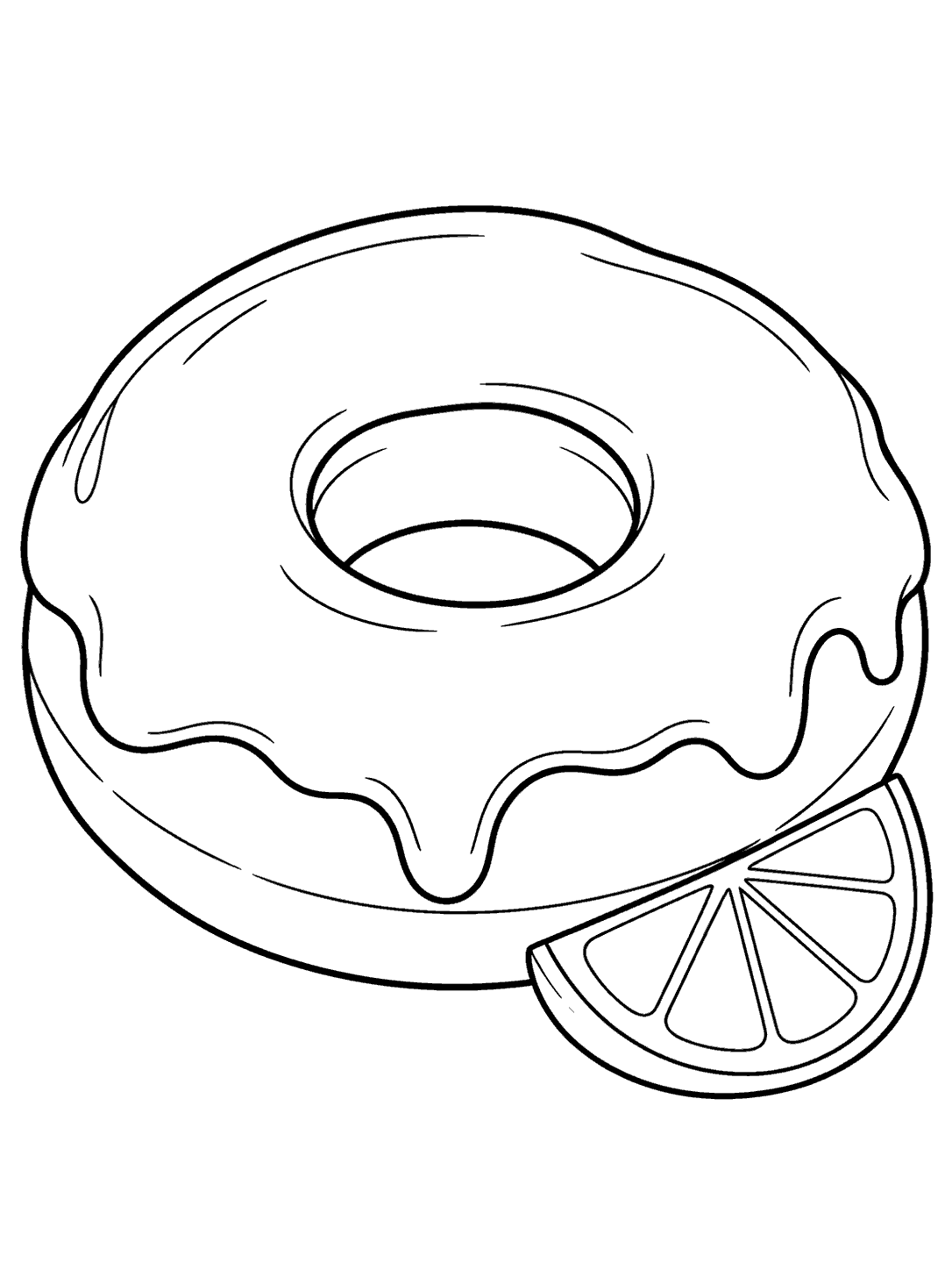 Black outline drawing of a glazed ring donut with a citrus slice, on a white page.